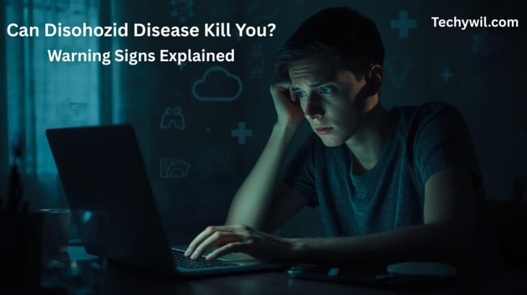 A worried young man researching online in a dark room, illuminated by a laptop screen, symbolizing anxiety about illness and asking can disohozid disease kill you.