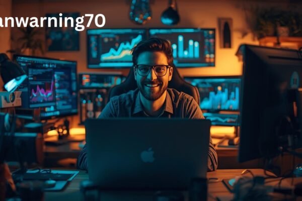 A smiling digital creator named danwarning70 working on a laptop surrounded by glowing computer screens showing analytics and growth charts.
