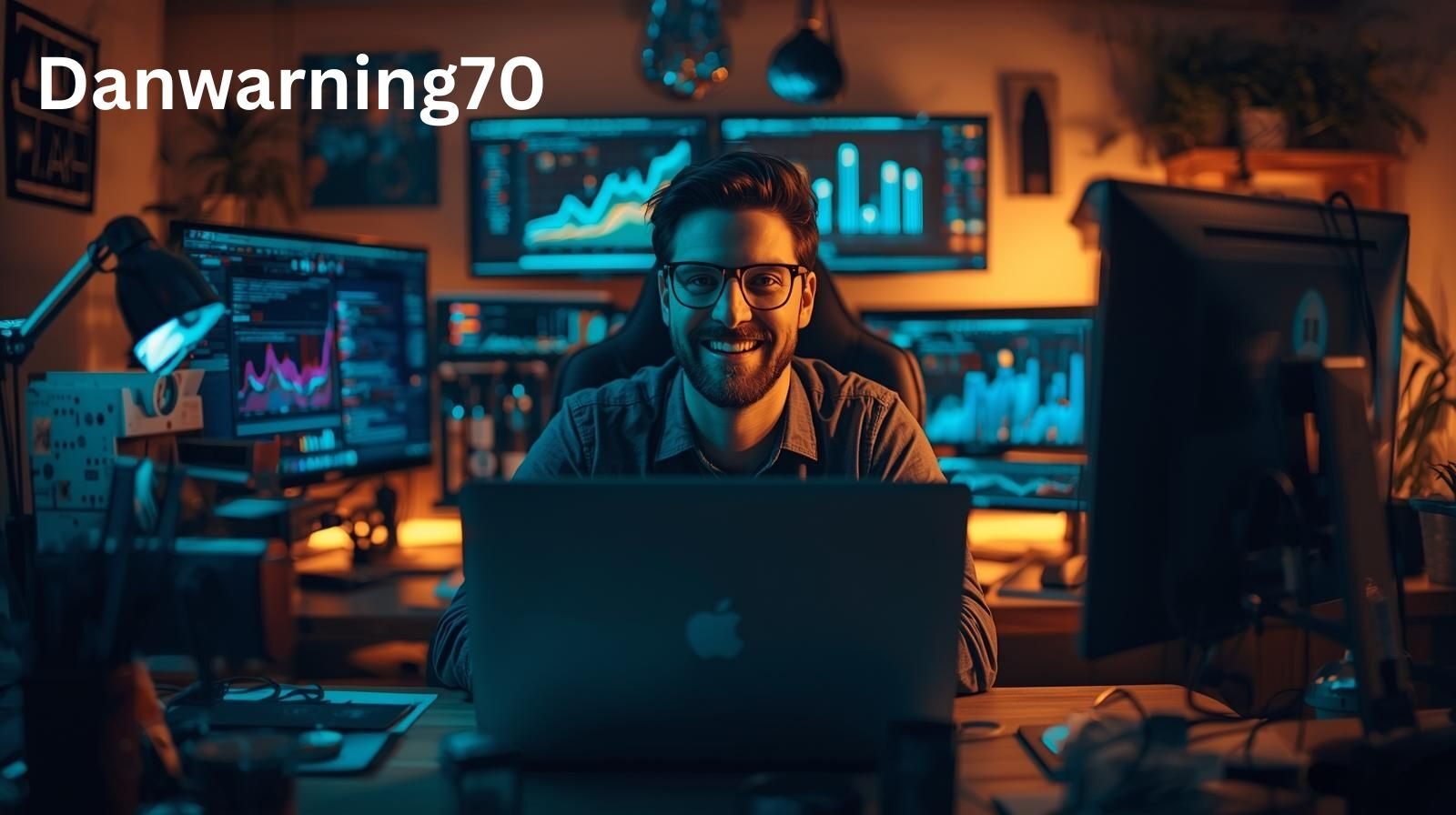 A smiling digital creator named danwarning70 working on a laptop surrounded by glowing computer screens showing analytics and growth charts.