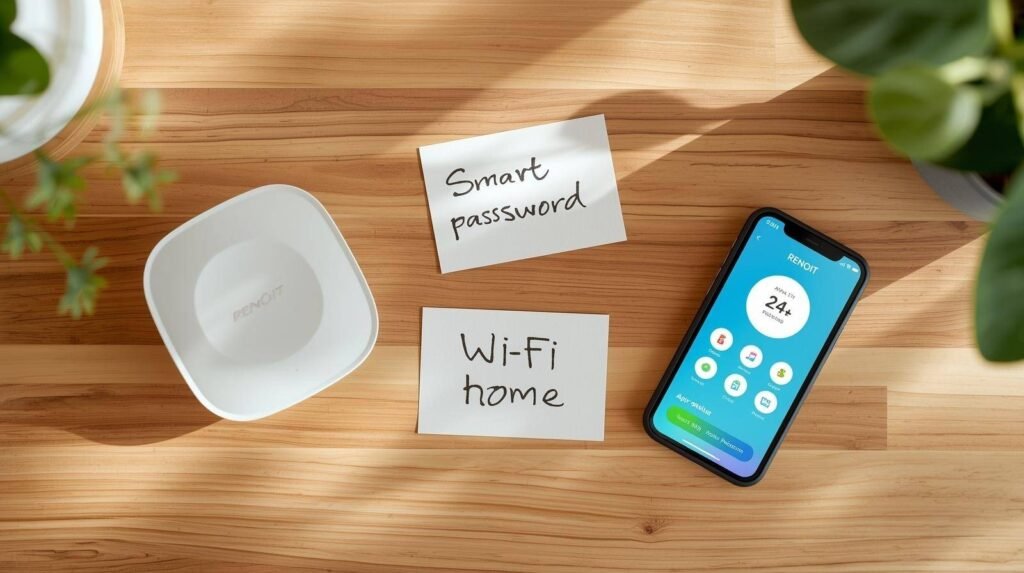 A smart home setup flat-lay featuring a Renoit air purifier, a smartphone accessing the renvoit com portal, a Wi-Fi router, and a handwritten Wi-Fi password note.