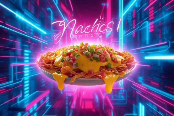 Plate of cheesy nachos with toppings glowing in a futuristic neon background, representing the creativity of eliyasnachos.