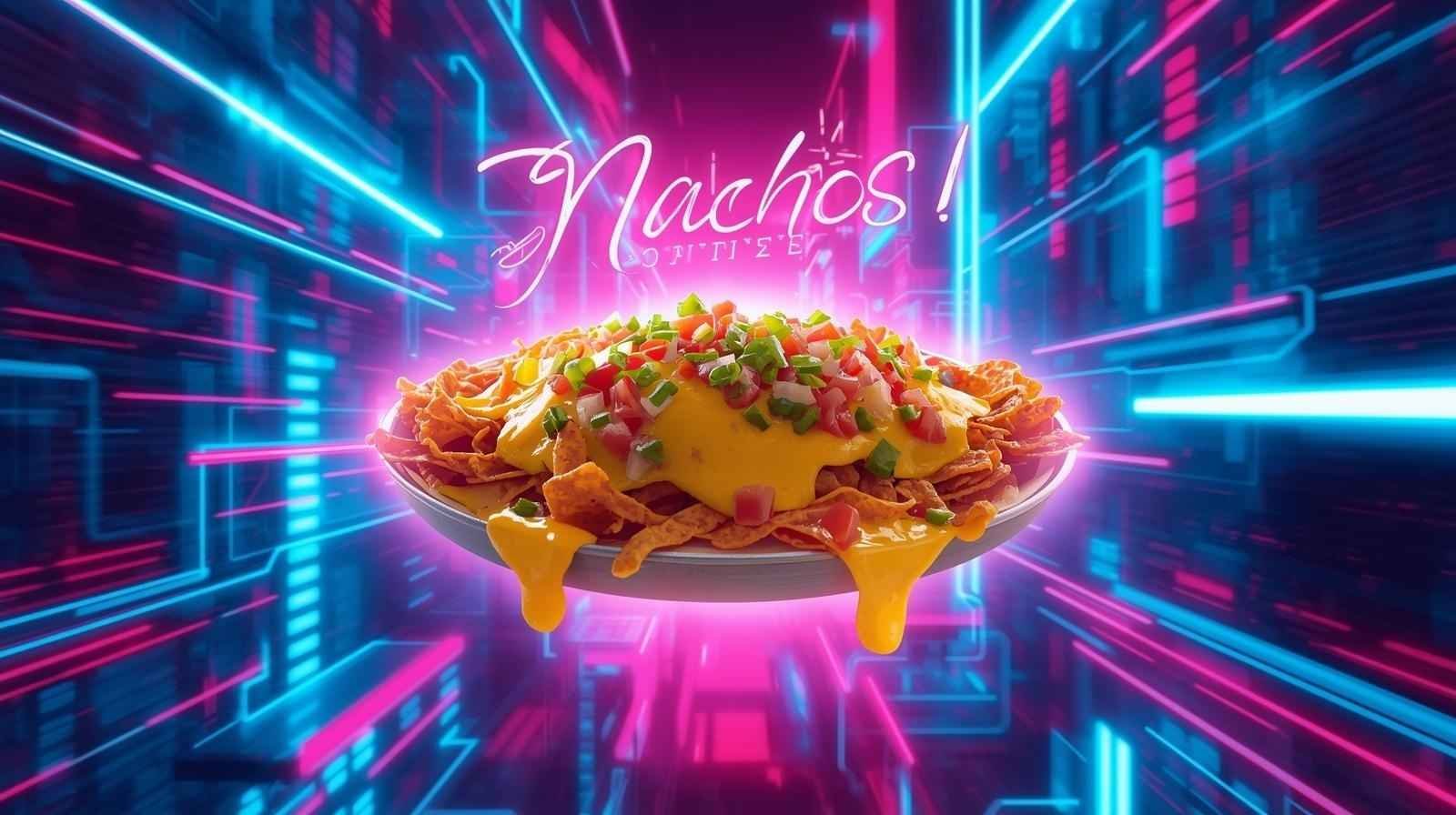 Plate of cheesy nachos with toppings glowing in a futuristic neon background, representing the creativity of eliyasnachos.
