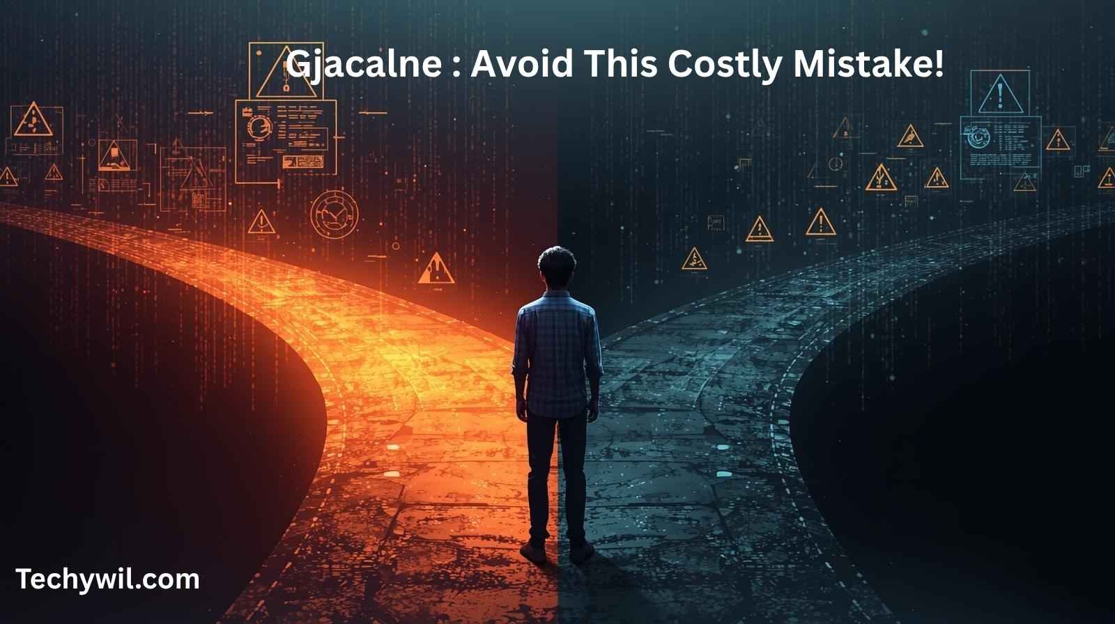 A person standing at a crossroads with glowing digital paths, symbolizing decision-making and awareness of gjacalne mistakes in the online world.