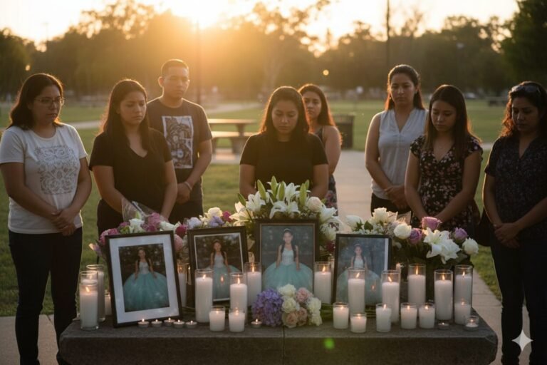 Family and friends holding a candlelight vigil with photos and flowers honoring Julia Martinez Quinceañera at sunset.