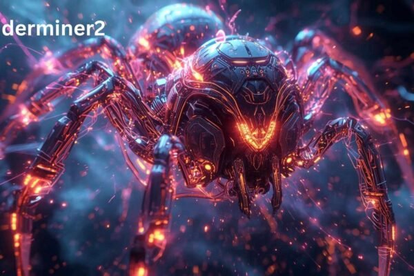 Futuristic glowing cybernetic spider named Spiderminer2 with neon circuits in a dark digital background