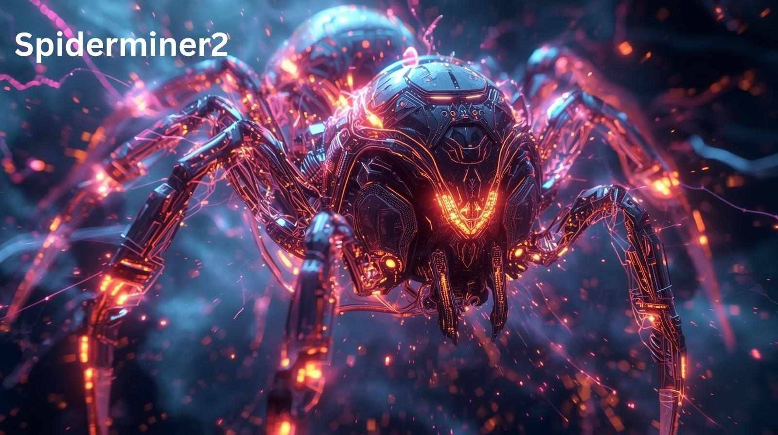 Futuristic glowing cybernetic spider named Spiderminer2 with neon circuits in a dark digital background