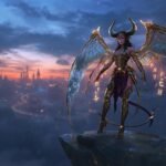Exploring the Mysterious Origins of AeryTiefling Juri Fantasy artwork of AeryTiefling Juri standing on a cliff at sunset, with celestial wings, glowing runes, and a distant enchanted city in the background.