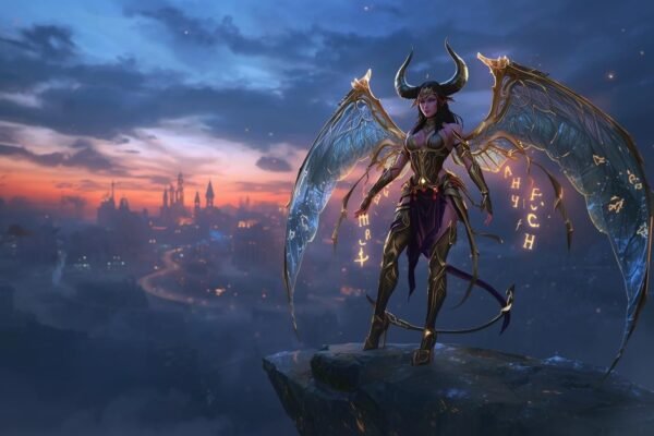 Fantasy artwork of AeryTiefling Juri standing on a cliff at sunset, with celestial wings, glowing runes, and a distant enchanted city in the background.