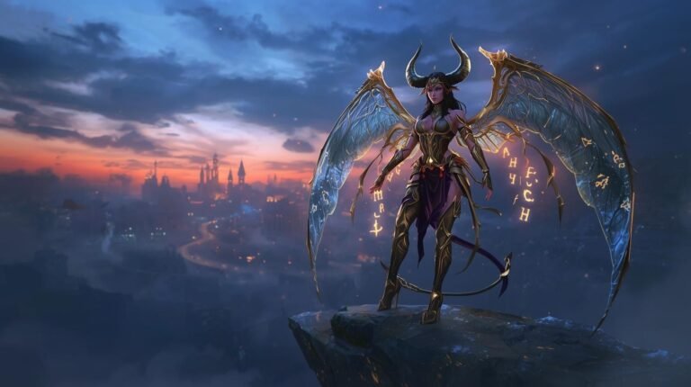 Fantasy artwork of AeryTiefling Juri standing on a cliff at sunset, with celestial wings, glowing runes, and a distant enchanted city in the background.