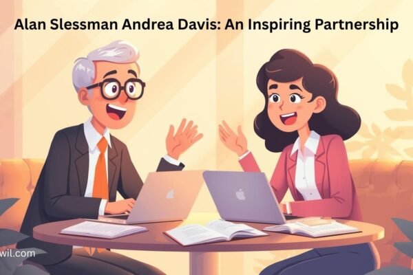Cartoon illustration of Alan Slessman and Andrea Davis discussing creative ideas at a café table with laptops and notebooks, symbolizing teamwork and partnership.