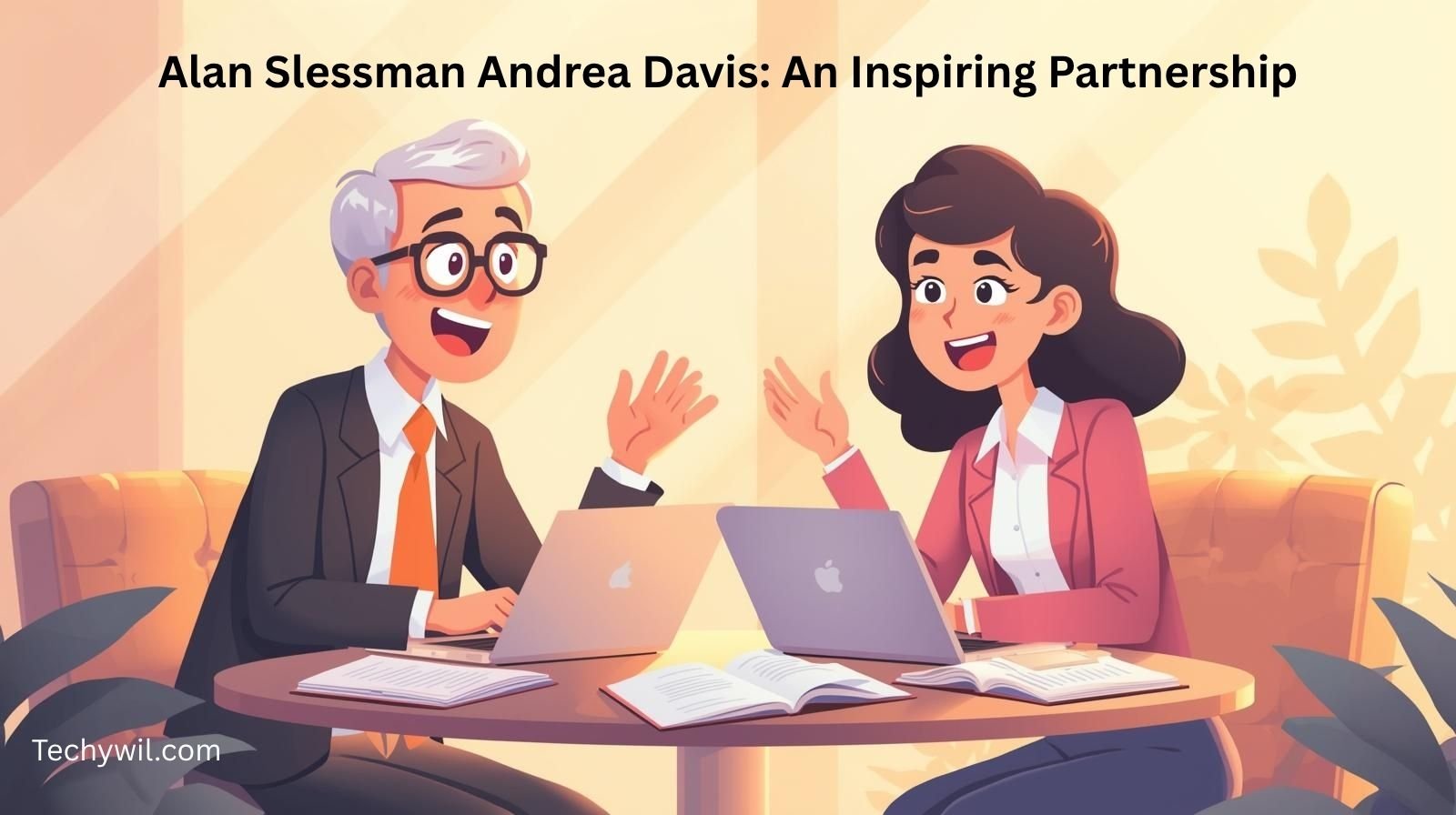 Cartoon illustration of Alan Slessman and Andrea Davis discussing creative ideas at a café table with laptops and notebooks, symbolizing teamwork and partnership.