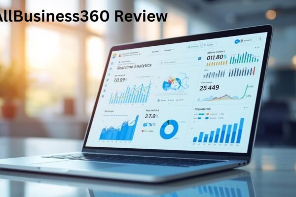 Laptop showing real-time business analytics dashboard for allbusiness360 review, representing growth insights and performance tracking.