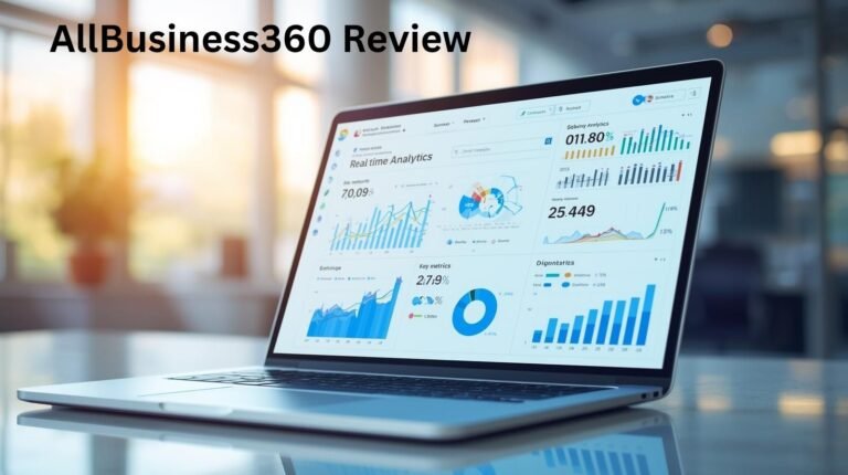 Laptop showing real-time business analytics dashboard for allbusiness360 review, representing growth insights and performance tracking.