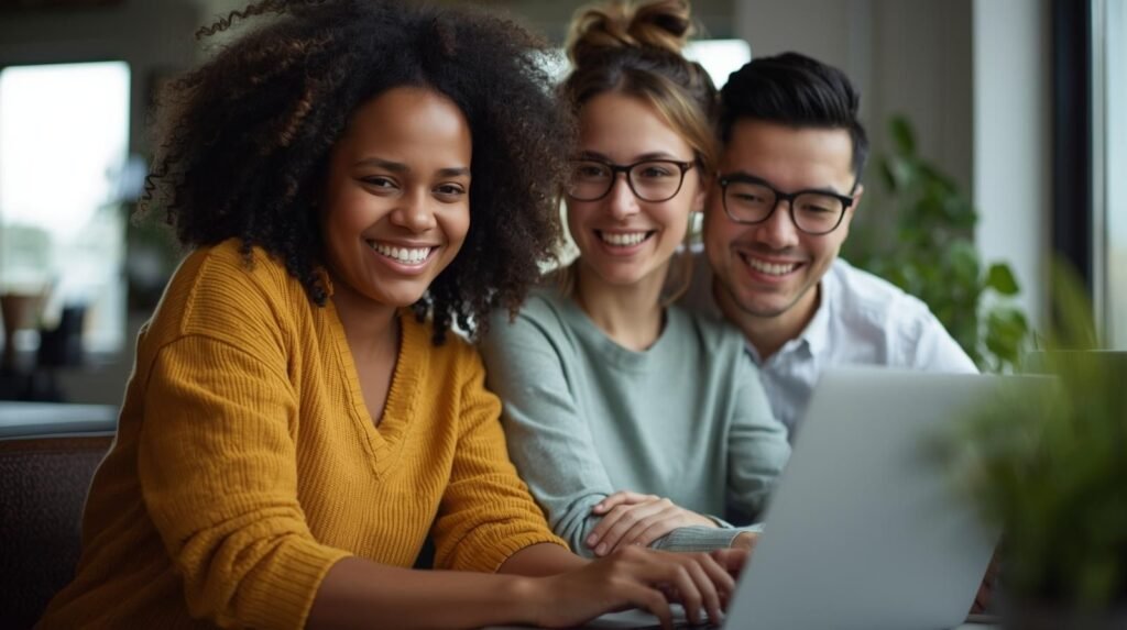 Smiling small business owners using a laptop to manage growth with allbusiness360 in a cozy workspace, showing productivity and success.