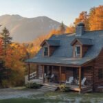 Scenic autumn view of Amity House New Hampshire Campton Wolfe, a cozy wooden cabin surrounded by colorful fall trees and mountain landscape.