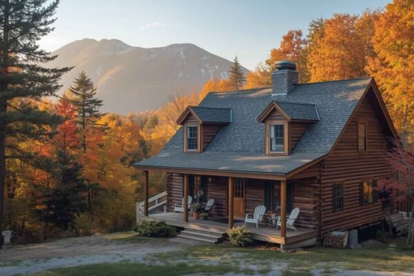 Exploring Real Estate Opportunities: Inside Amity House Campton NH Scenic autumn view of Amity House New Hampshire Campton Wolfe, a cozy wooden cabin surrounded by colorful fall trees and mountain landscape.
