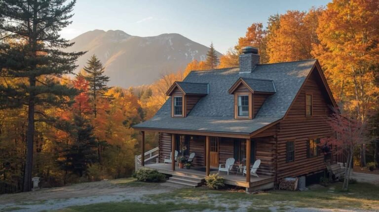 Scenic autumn view of Amity House New Hampshire Campton Wolfe, a cozy wooden cabin surrounded by colorful fall trees and mountain landscape.