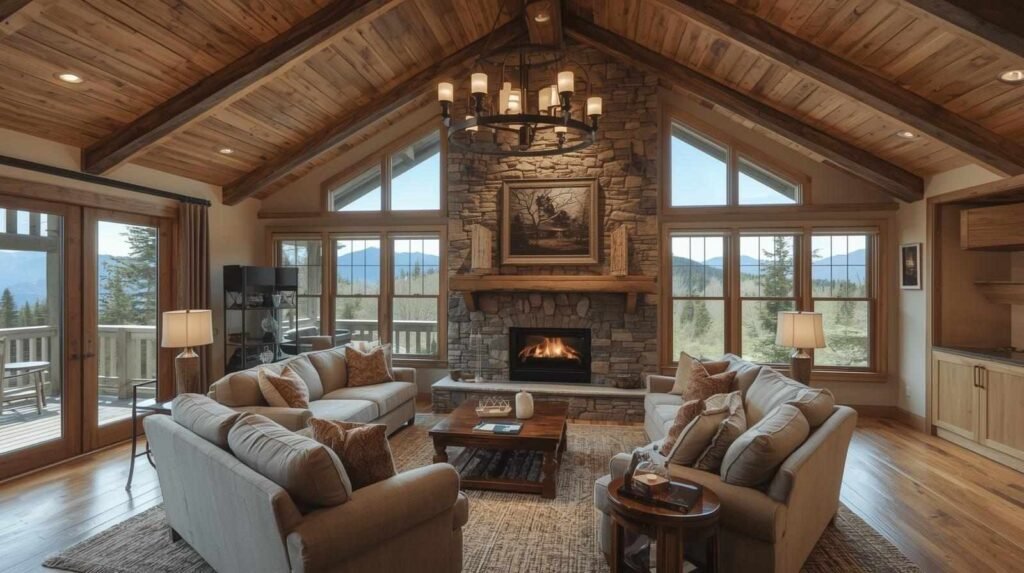 Warm rustic living room at Amity House New Hampshire Campton Wolfe with stone fireplace, wooden beams, and mountain views through large windows.