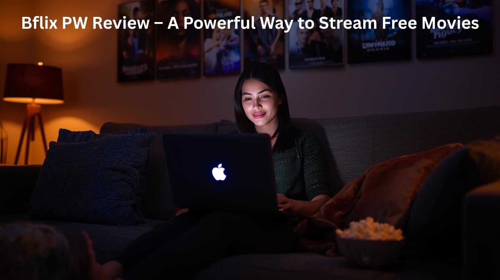 Woman watching movies online on laptop in cozy room, representing bflix pw free streaming experience.