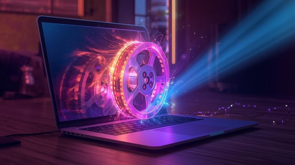 A glowing movie reel emerging from a laptop screen, symbolizing free streaming on bflix pw with vibrant neon light and cinematic atmosphere.