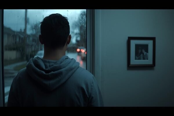 Brian Rader: The Other Life of BTK’s Son Man in a hoodie looking out a rainy window, symbolizing reflection and healing from past struggles.