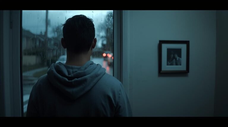 Man in a hoodie looking out a rainy window, symbolizing reflection and healing from past struggles.