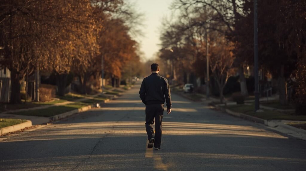 A man walking away, symbolizing Brian Rader's choice for a private and resilient life away from his father's legacy.