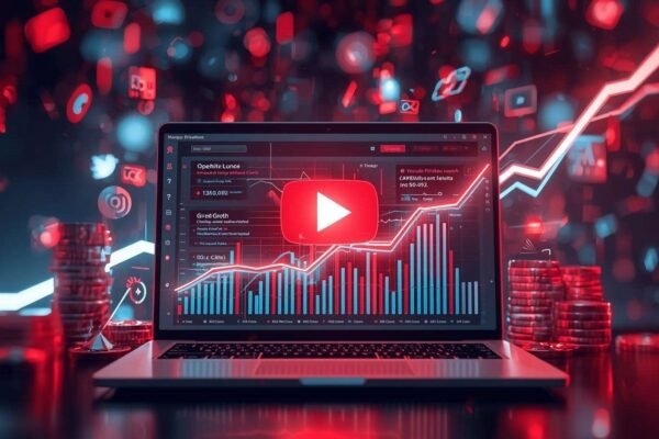 Laptop displaying YouTube analytics and growth charts with red glowing effects — concept of digital marketing and buy youtube views mysocialfollowing.com