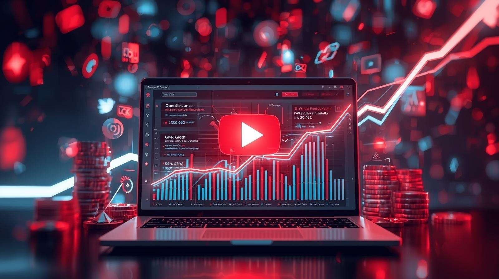 Laptop displaying YouTube analytics and growth charts with red glowing effects — concept of digital marketing and buy youtube views mysocialfollowing.com