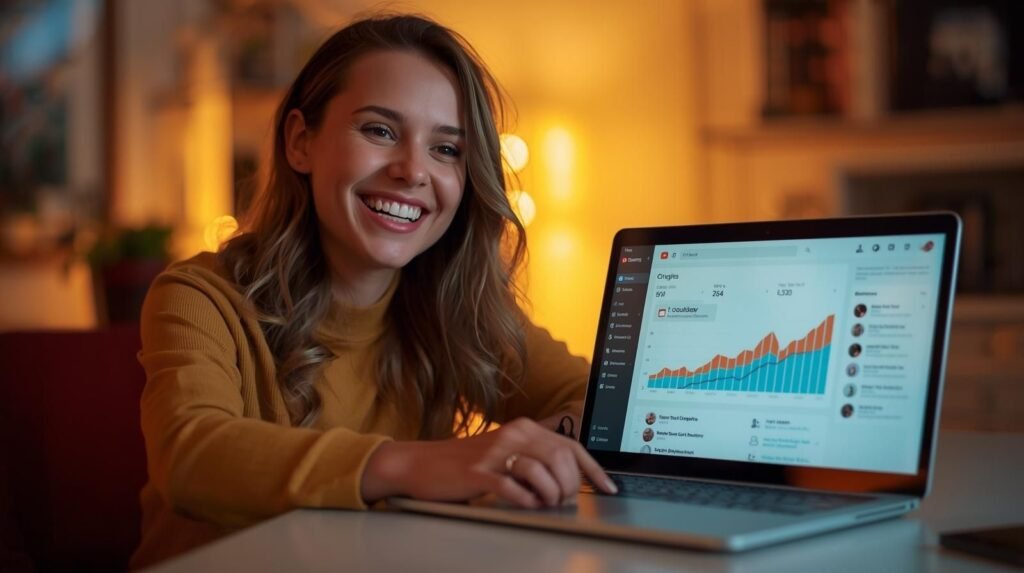 Smiling YouTuber at desk viewing rising channel stats after using buy youtube views mysocialfollowing.com.