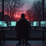 A silhouetted person at a computer desk surrounded by multiple monitors, symbolizing the mysterious digital footprint of candideinohio during sunset.
