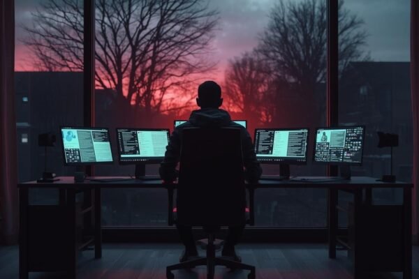 Beyond the Username: Investigating CandideInOhio’s Digital Footprint A silhouetted person at a computer desk surrounded by multiple monitors, symbolizing the mysterious digital footprint of candideinohio during sunset.