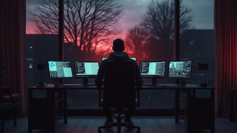 A silhouetted person at a computer desk surrounded by multiple monitors, symbolizing the mysterious digital footprint of candideinohio during sunset.
