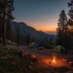 Chilao Campground: A Hidden Paradise for Campers Scenic evening view of Chilao Campground with tents, campfire, and pine trees under a colorful sunset sky in the San Gabriel Mountains