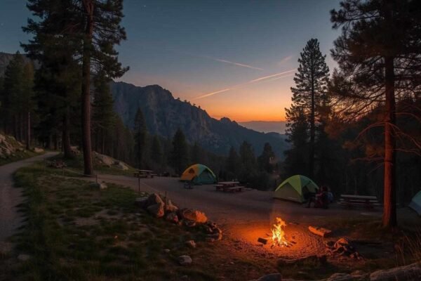 Chilao Campground: A Hidden Paradise for Campers Scenic evening view of Chilao Campground with tents, campfire, and pine trees under a colorful sunset sky in the San Gabriel Mountains