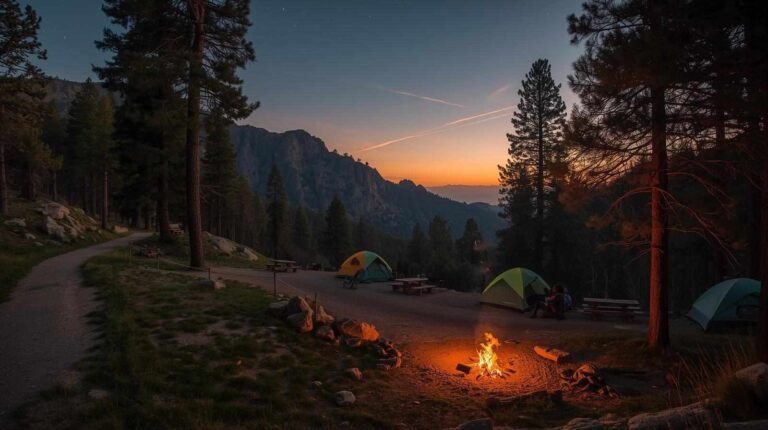 Scenic evening view of Chilao Campground with tents, campfire, and pine trees under a colorful sunset sky in the San Gabriel Mountains