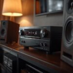 High-quality image showing a Denon AVR-3802 receiver connected to Speakercraft OE8 4 ohm speakers in a cozy home audio setup with realistic lighting.