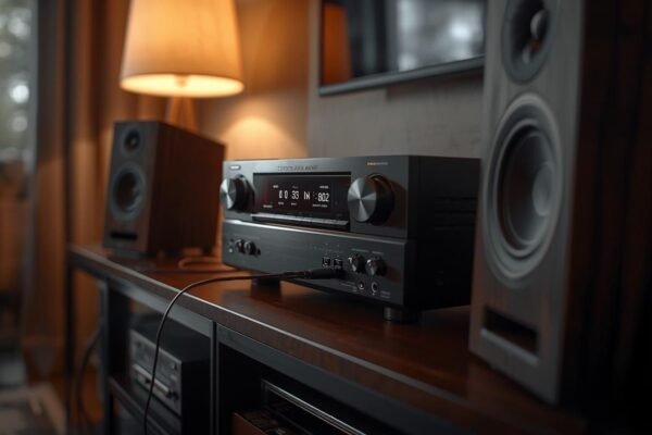 Troubleshooting Tips When Connecting a Speakercraft OE8 4 Ohm Speaker to Denon 3802 High-quality image showing a Denon AVR-3802 receiver connected to Speakercraft OE8 4 ohm speakers in a cozy home audio setup with realistic lighting.