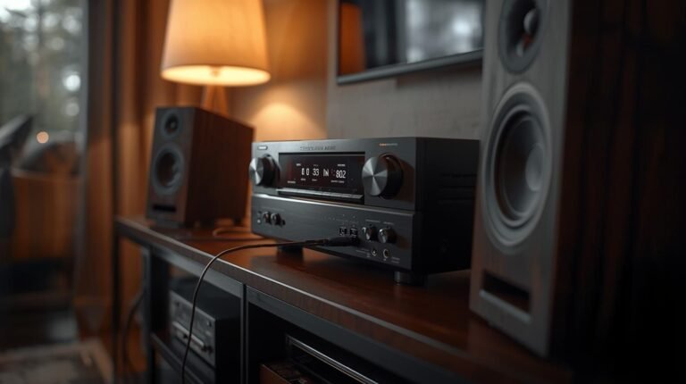 High-quality image showing a Denon AVR-3802 receiver connected to Speakercraft OE8 4 ohm speakers in a cozy home audio setup with realistic lighting.