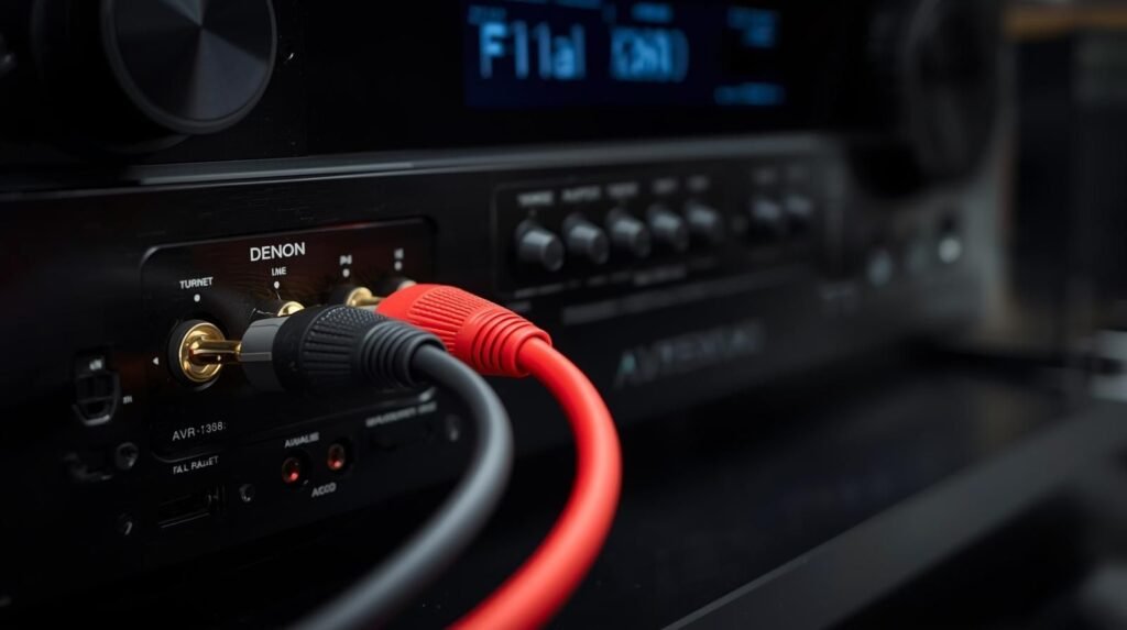 lose-up of speaker wire connections between a Speakercraft OE8 4 ohm speaker and a Denon AVR-3802 receiver showing red and black terminals for correct setup.