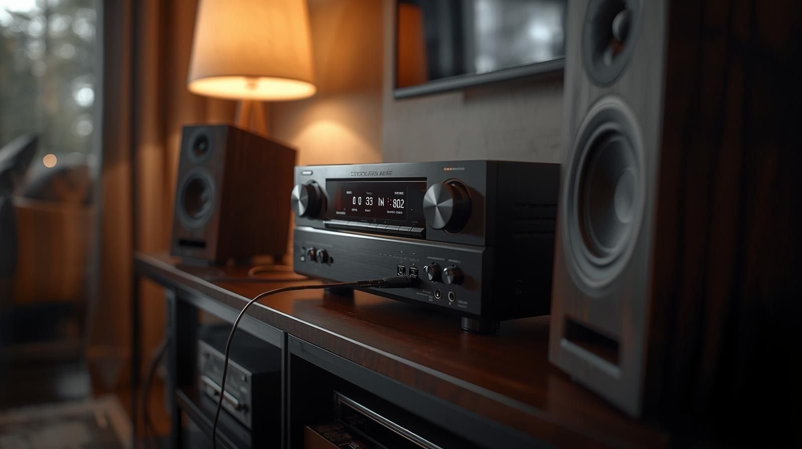 High-quality image showing a Denon AVR-3802 receiver connected to Speakercraft OE8 4 ohm speakers in a cozy home audio setup with realistic lighting.