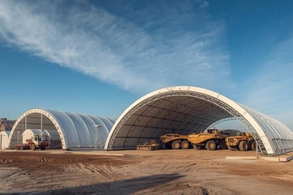 How Container Domes Are Transforming the Mining Industry: Durable, Cost-Effective, and Easy to Relocate Modern mining site with white container domes sheltering heavy equipment under a clear blue sky.