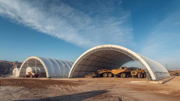 Modern mining site with white container domes sheltering heavy equipment under a clear blue sky.