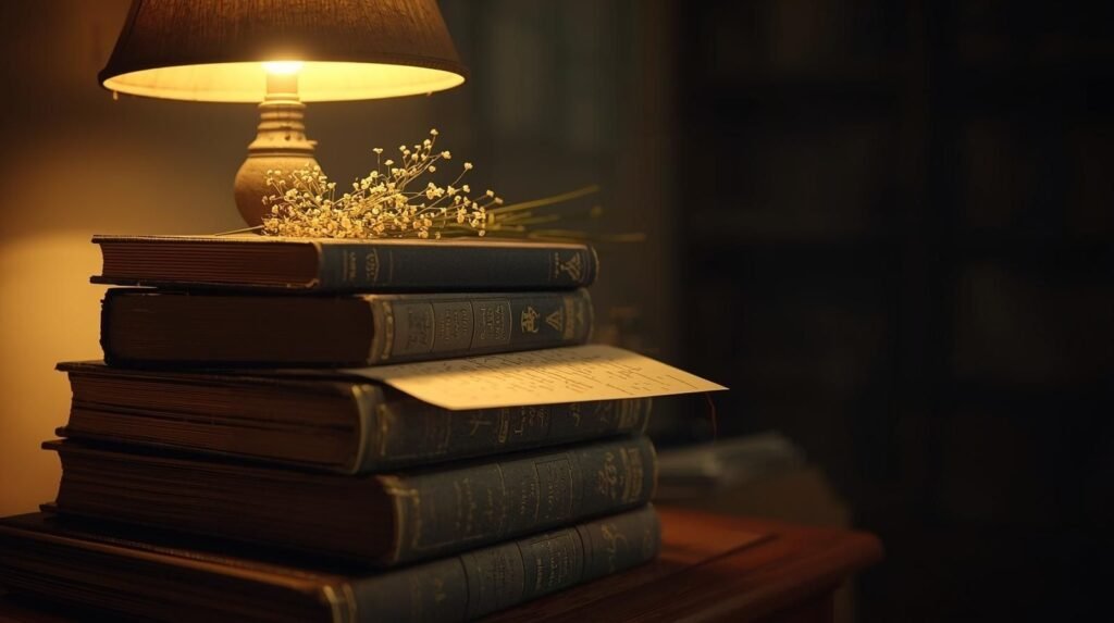 Stack of books and handwritten notes beside a glowing lamp, symbolizing creativity and storytelling by Corinna Toivonen author.