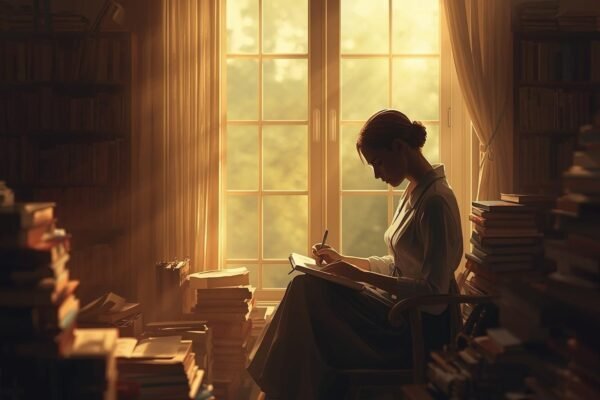 Corinna Toivonen Author: The Brilliant Mind Transforming Modern Literature Corinna Toivonen author writing in cozy study surrounded by books
