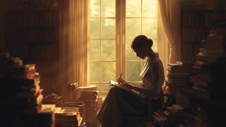 Corinna Toivonen author writing in cozy study surrounded by books