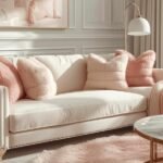 Elegant modern living room featuring cream sofa with soft pink chinchilla-patterned pillows and throw, cozy decor and warm lighting — decoration pink chinchilla pattern tw2gte.