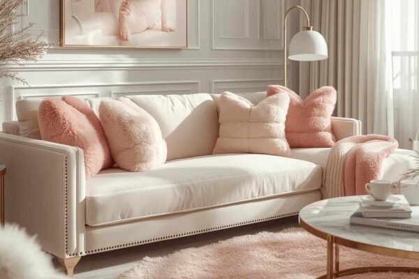 Top 7 Ways to Use the Pink Chinchilla Pattern in Your Living Room and Bedroom Elegant modern living room featuring cream sofa with soft pink chinchilla-patterned pillows and throw, cozy decor and warm lighting — decoration pink chinchilla pattern tw2gte.