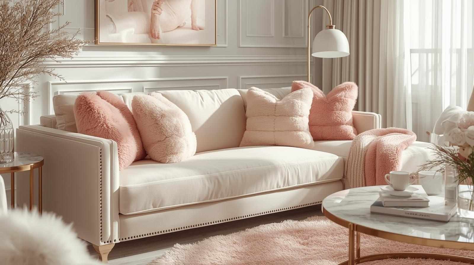 Elegant modern living room featuring cream sofa with soft pink chinchilla-patterned pillows and throw, cozy decor and warm lighting — decoration pink chinchilla pattern tw2gte.