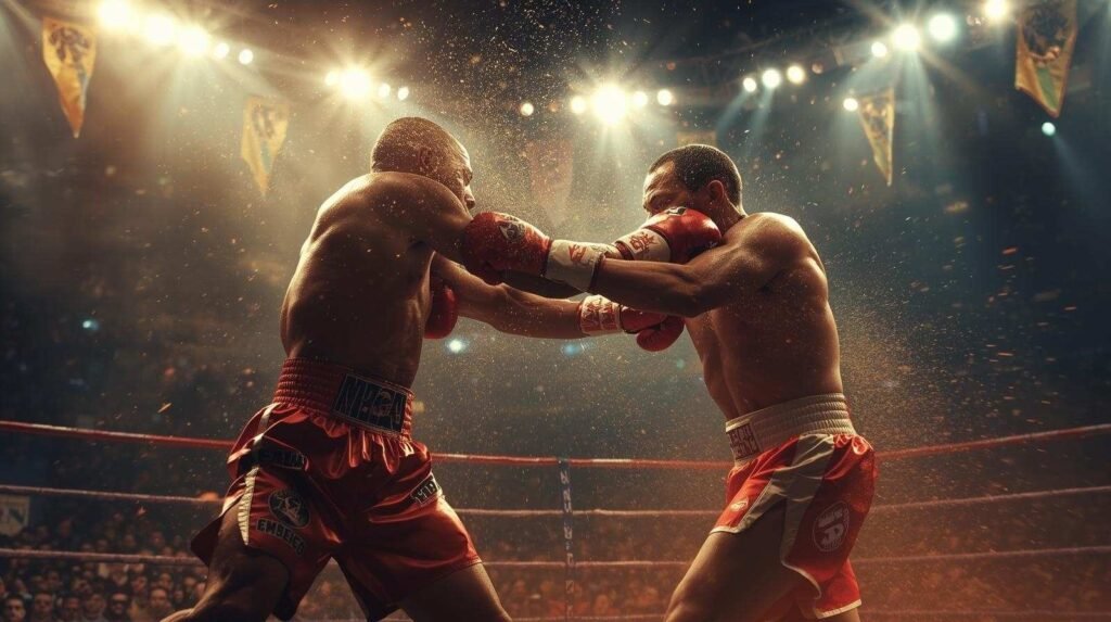 Faceless boxers in a heated match inside a packed arena, symbolizing the determination and fighting spirit of Demetris Fenwick.